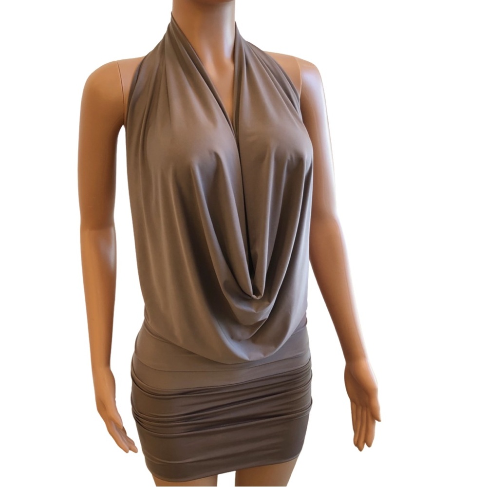 Champagne Silver Backless Drape Halter Dress Sexy Made In USA